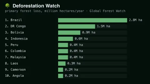 Deforestation Watch screensaver — Real ranked annual tree cover loss, by country.