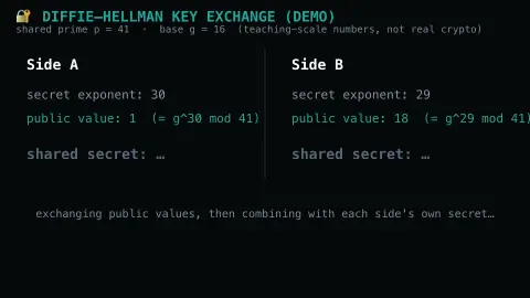 Diffie–Hellman Key Exchange screensaver — A real modular-exponentiation key exchange, step by step.