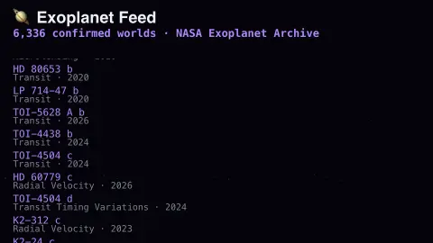 Exoplanet Feed screensaver — Newly confirmed exoplanets, real discovery feed.
