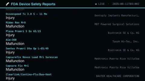 FDA Device Safety Reports screensaver — Real FDA medical device incident reports, live.