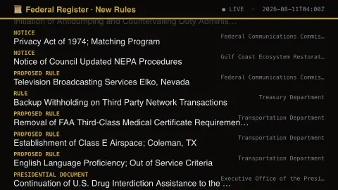 Federal Register New Rules Feed screensaver — Real newly-published US regulations.