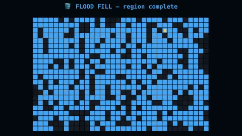 Flood Fill / Region Growing screensaver — A real flood-fill algorithm spreading through a random maze.
