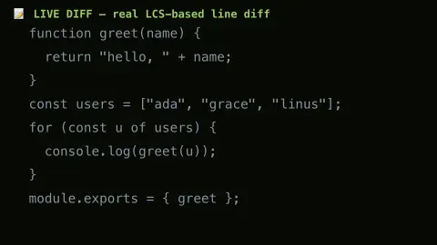 Live Diff Visualizer screensaver — A real line-diff algorithm, comparing text live.