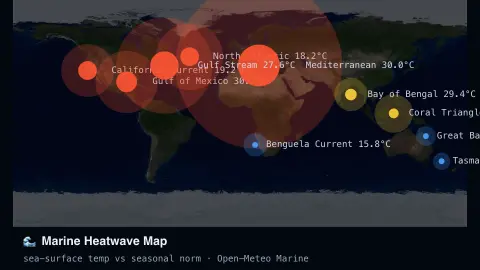 Marine Heatwave Map screensaver — Live sea-surface temperature vs normal, world map.