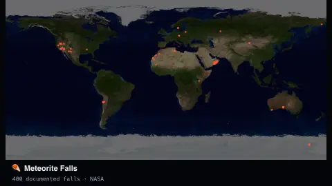 Meteorite Falls Map screensaver — Real historical meteorite landings, world map.