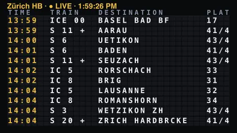Rail Board screensaver — Live Swiss railway departures.