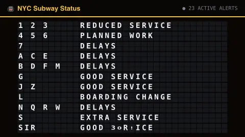 NYC Subway Status Board screensaver — Real NYC subway service status, split-flap style.