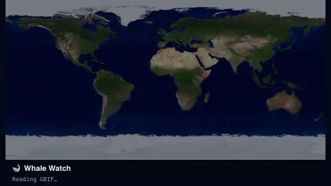 Whale Watch screensaver — Recent verified whale sightings, world map.