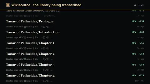 Wikisource Edits screensaver — The library being transcribed, live.