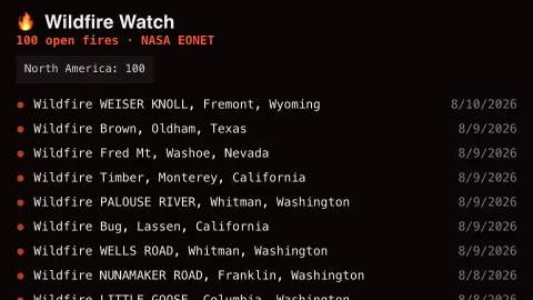 Wildfire Watch screensaver — Live active wildfires, worldwide list.